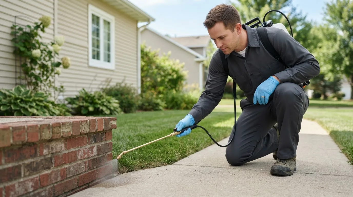 Pest control technician treating a home near Raymond, NE