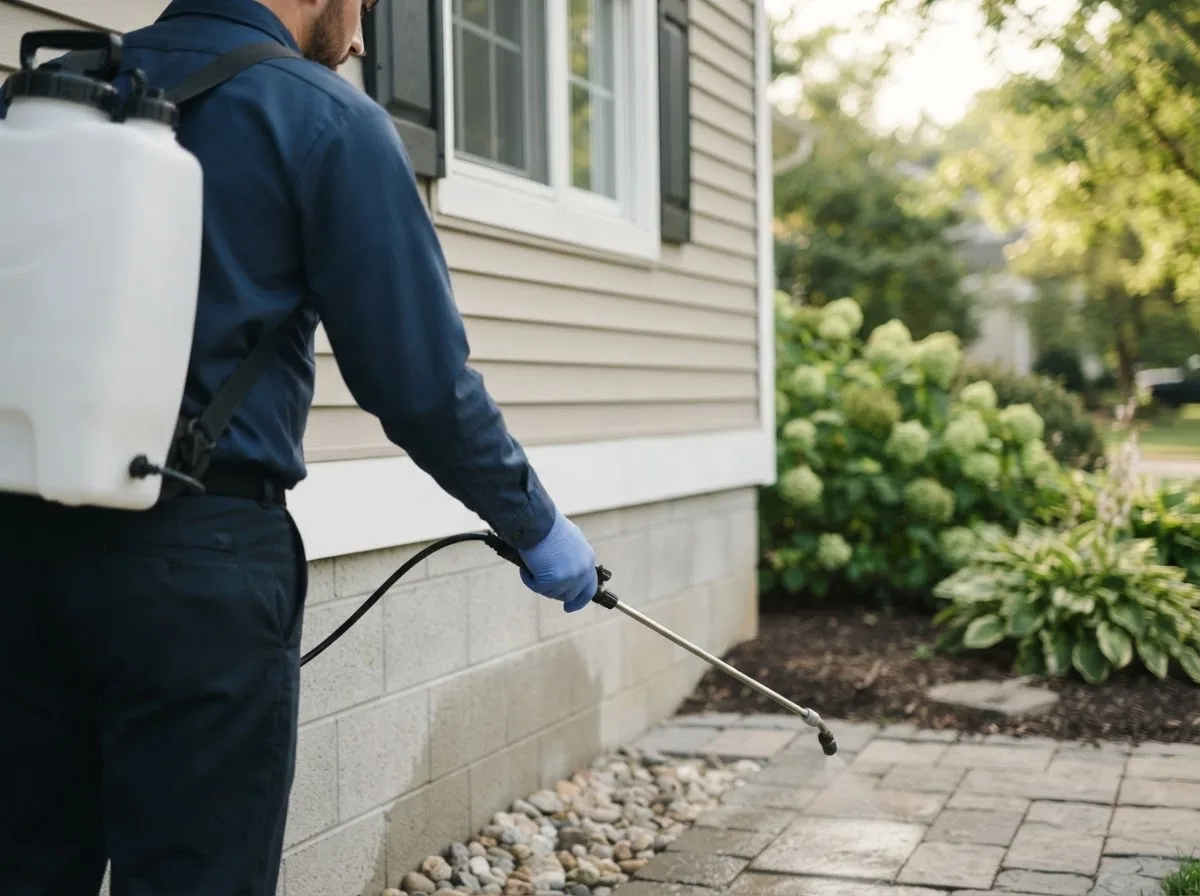 Pest control technician inspecting a home in Raymond, NE